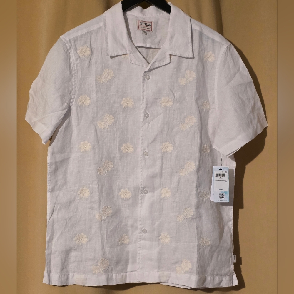 Guess Men's White Short Sleeve Linen Shirt NWT Size Small